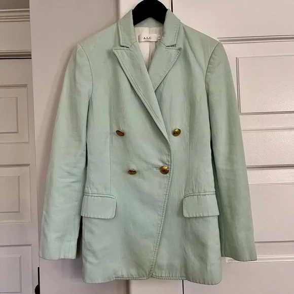 PRICE DROP! A.L.C. Sedgwick Mint Green Cotton Linen Double Breasted Blazer - Picture 2 of 9